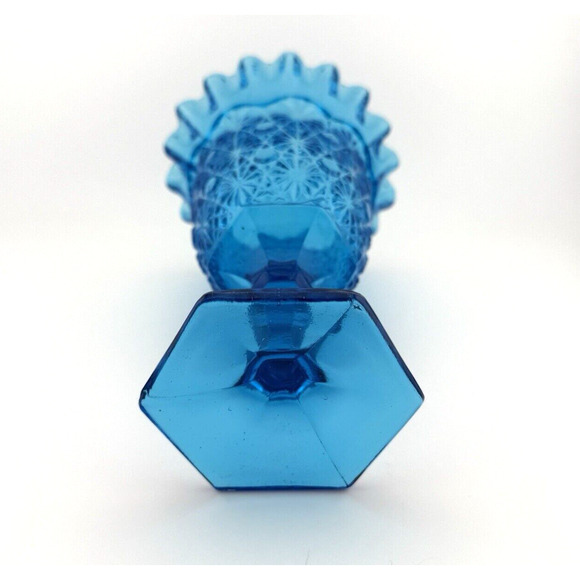 VTG MCM LE Smith Pressed Glass DAISY & BUTTON Blue Ruffled 6 1/2" Compote Vase - Picture 9 of 10